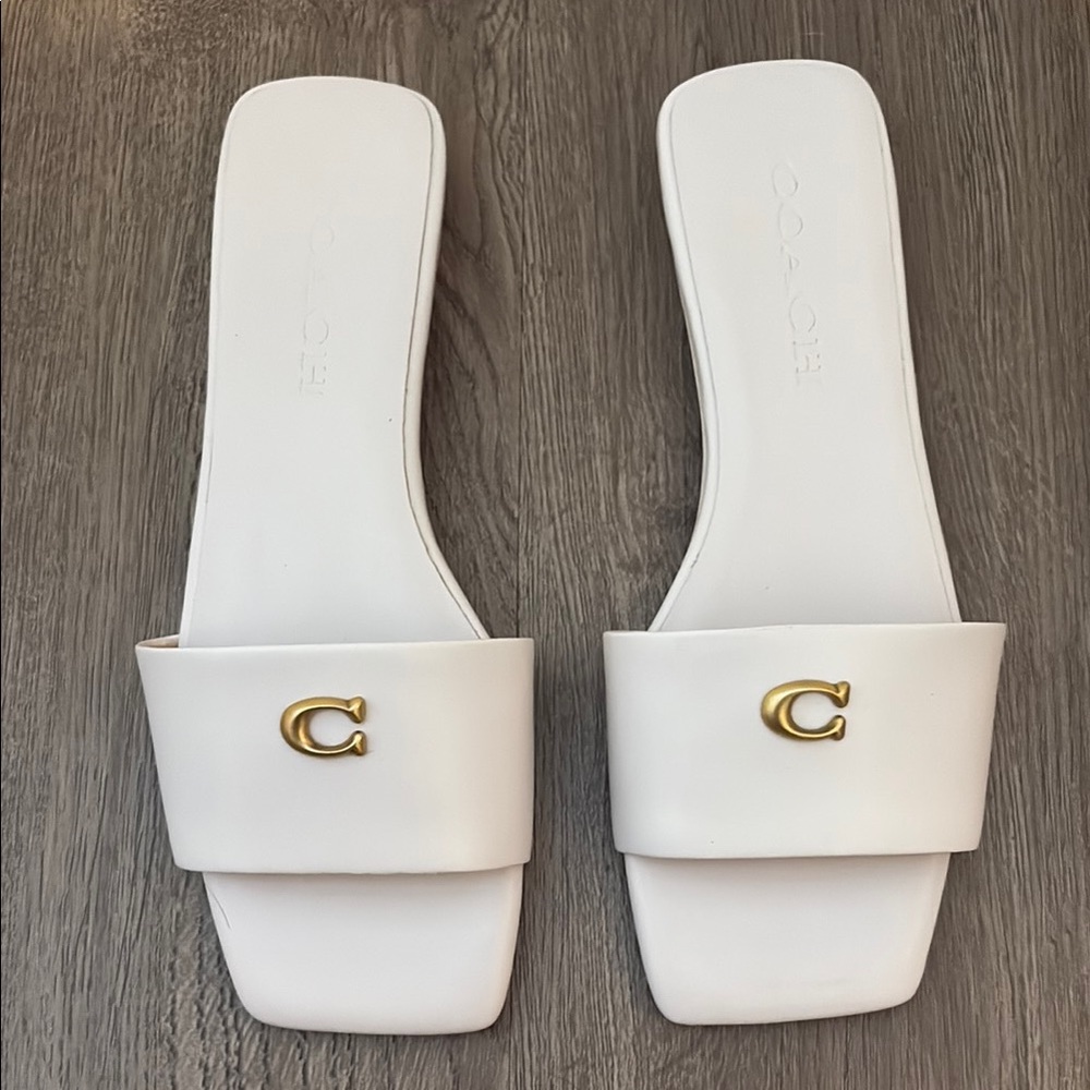 Coach White Sandals with Gold Logo